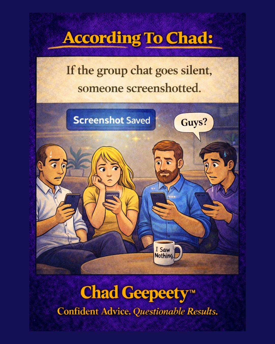 Cartoon of four people looking nervous at their phones after a screenshot notification in a group chat