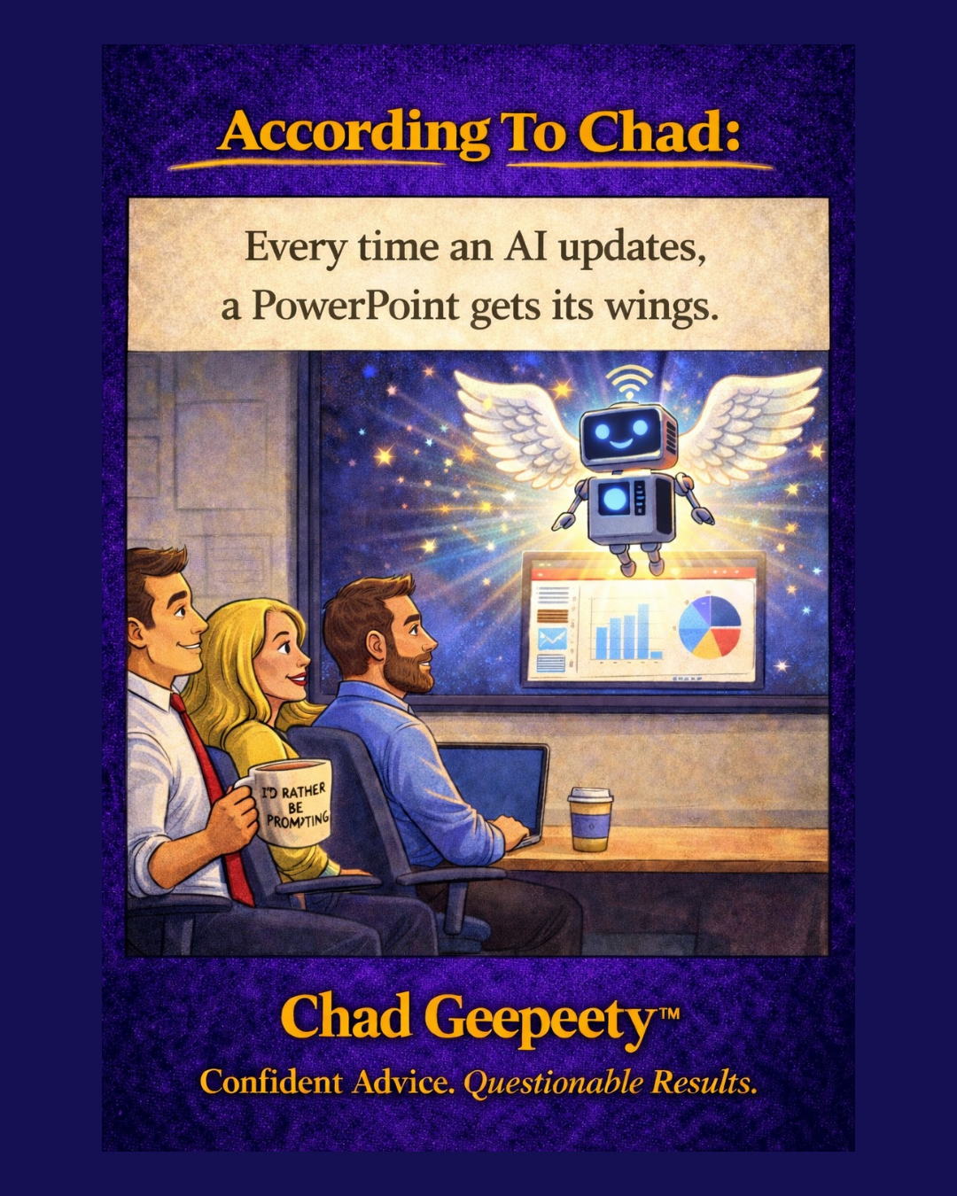 Cartoon showing a winged robot hovering above a presentation slide while office workers watch, illustrating a joke about AI updates and PowerPoint presentations