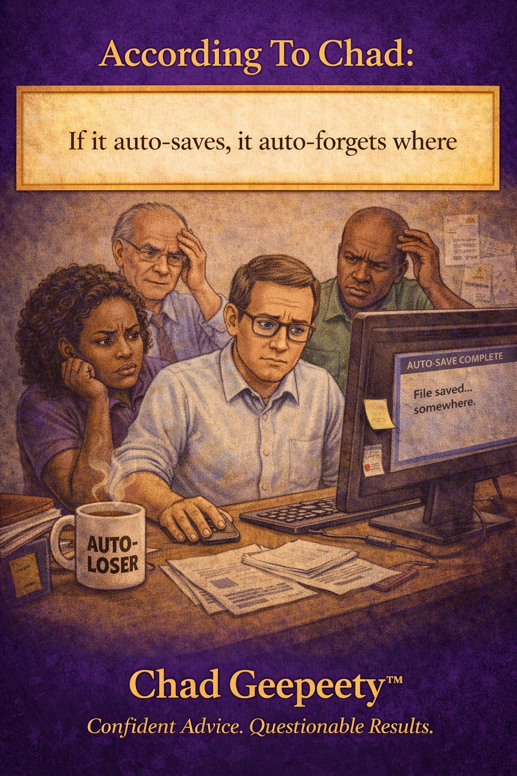 According to Chad cartoon showing auto-save losing files somewhere, humorous take on productivity and confusing software behavior