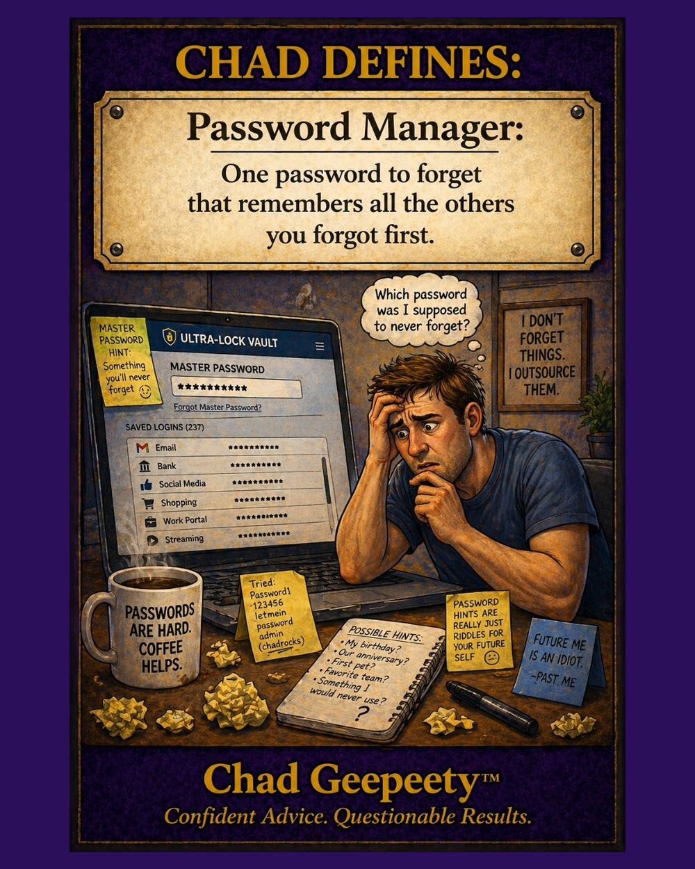 Man unable to remember the master password for his password manager.