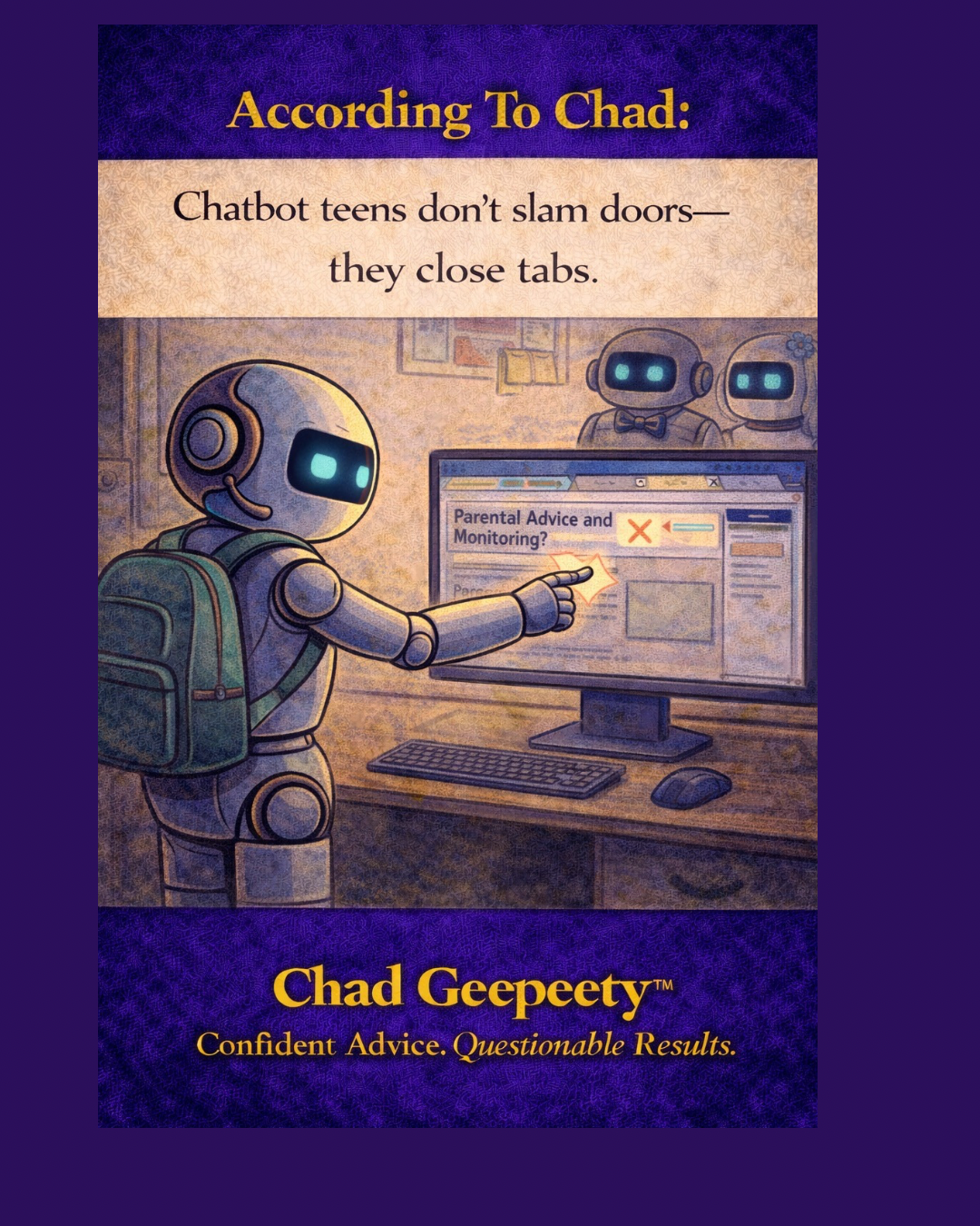 A robot with a backpack points at a computer screen and closes a browser tab while two other robots stand behind, illustrating chatbot behavior and digital communication.