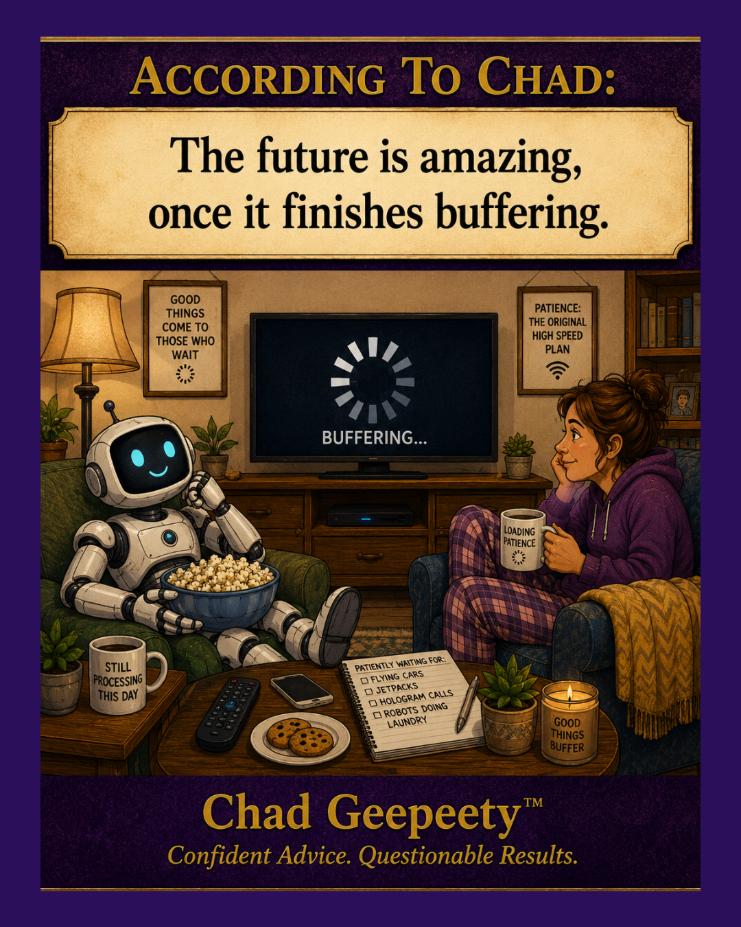 According to Chad cartoon showing a woman and robot waiting for the future to finish buffering.