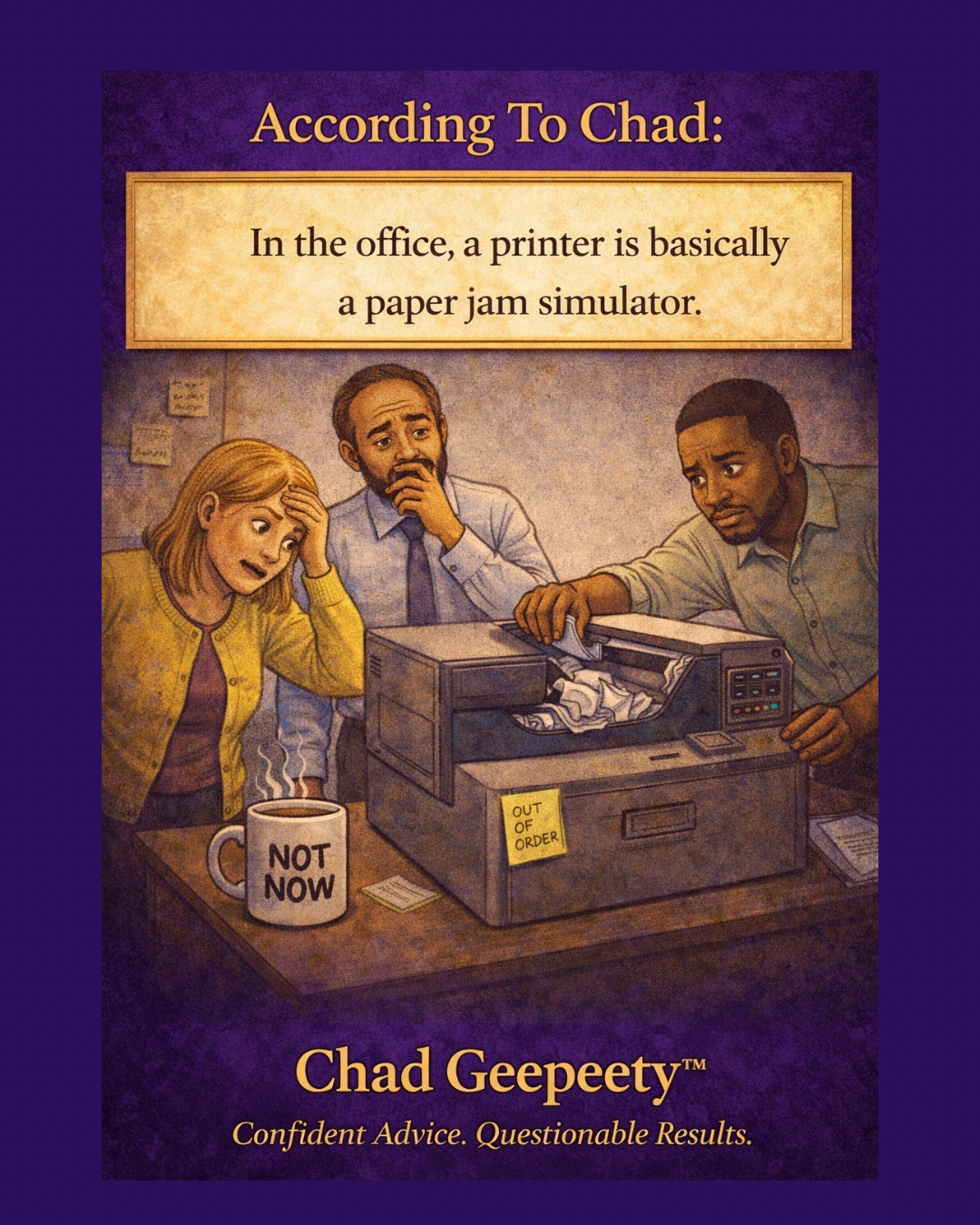 Three coworkers in an office struggling with a paper jam in a printer while one person pulls crumpled paper from the machine and others look confused