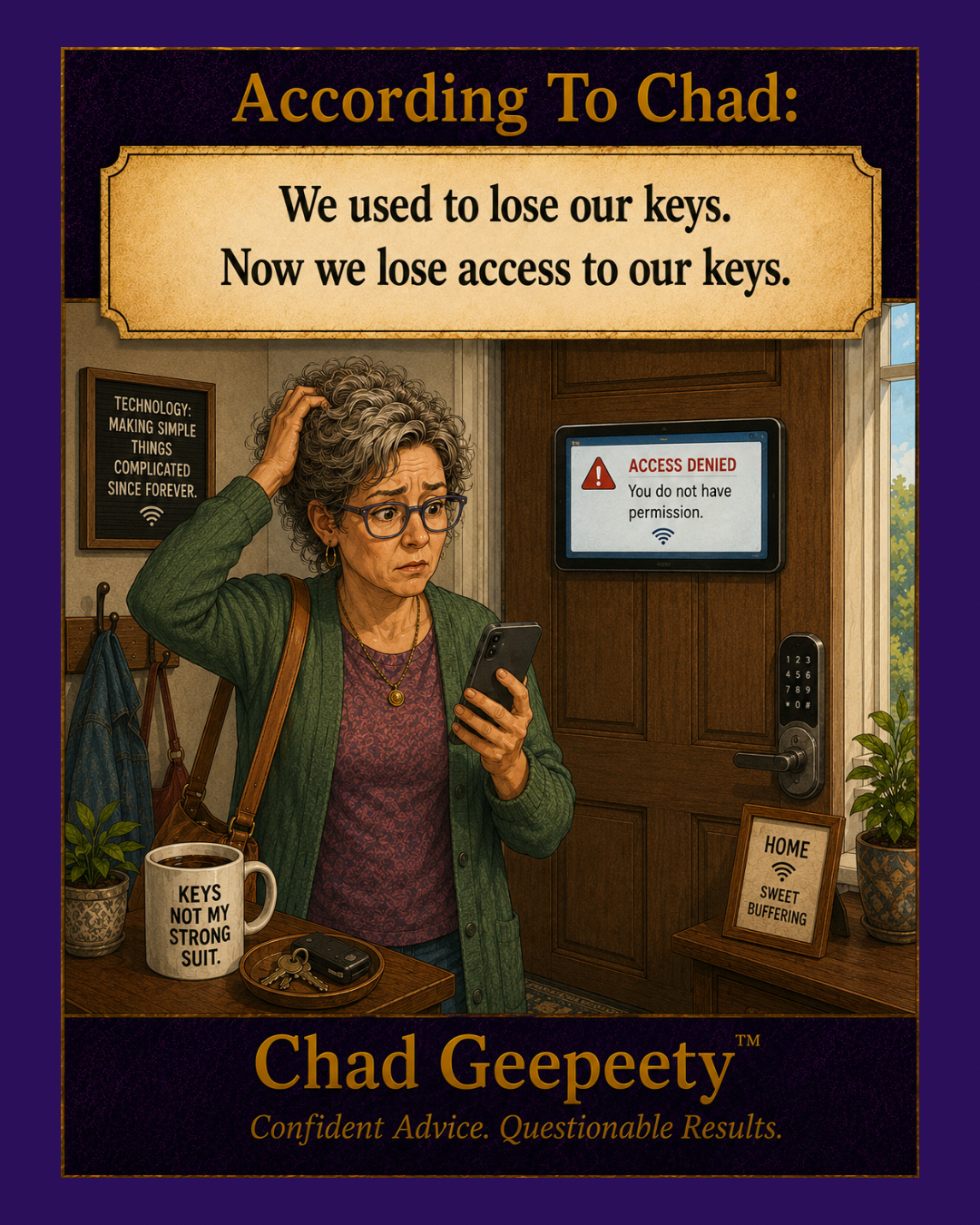 A woman looks at her phone in confusion while standing at a front door with a smart lock displaying an access denied message.