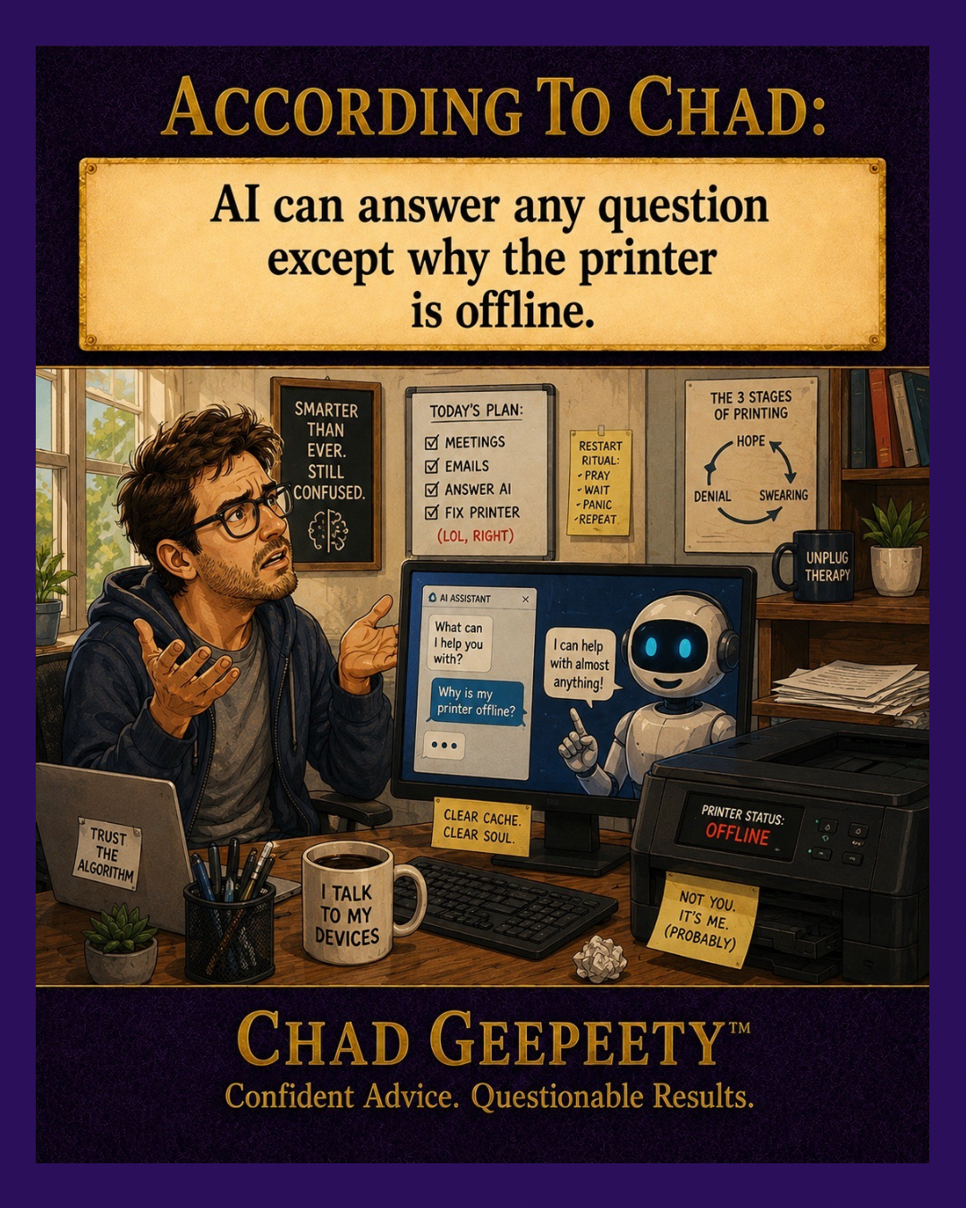 According to Chad cartoon showing an AI assistant unable to explain why an office printer is offline.