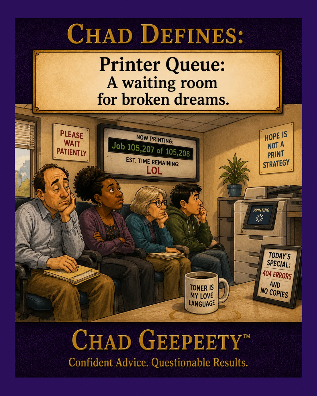 Chad Geepeety™ printer cartoon showing frustrated people waiting beside a stalled office printer queue with thousands of print jobs ahead.
