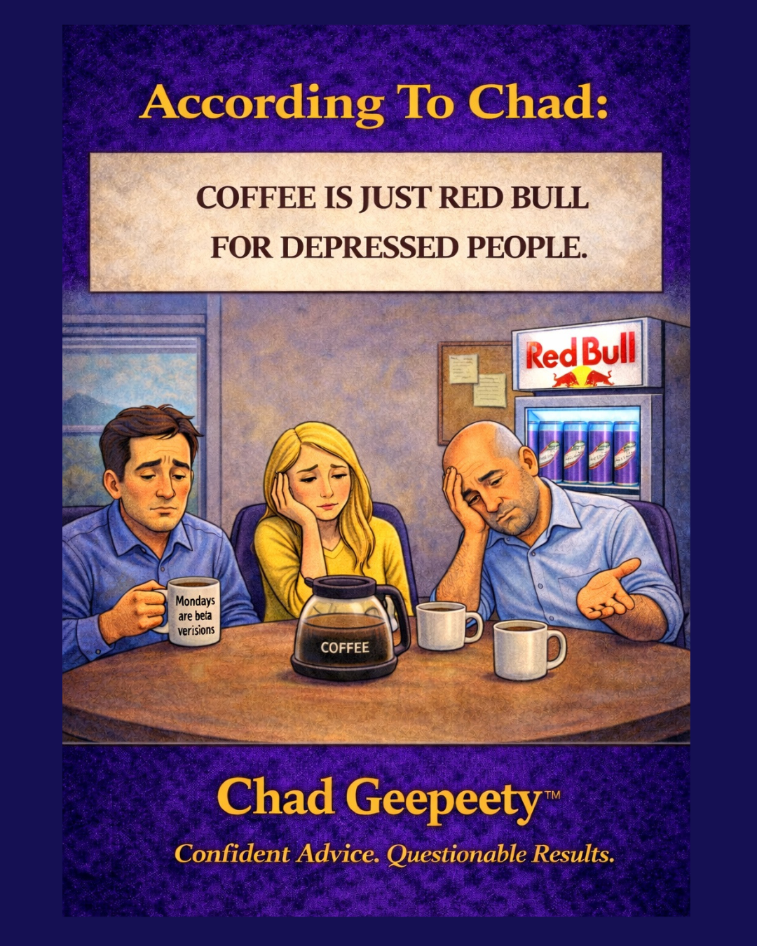 Three tired office workers sit at a table with coffee mugs and a coffee pot, while a Red Bull refrigerator is in the background and a sign above reads that coffee is just Red Bull for depressed people.