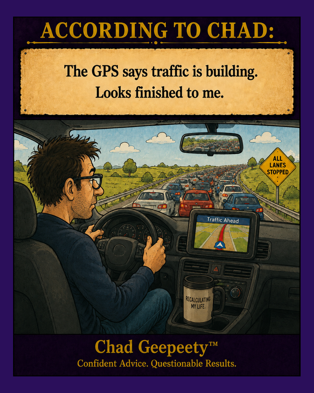 Chad Geepeety™ humor cartoon showing a driver stuck in a massive traffic jam while his GPS reports that traffic is building.