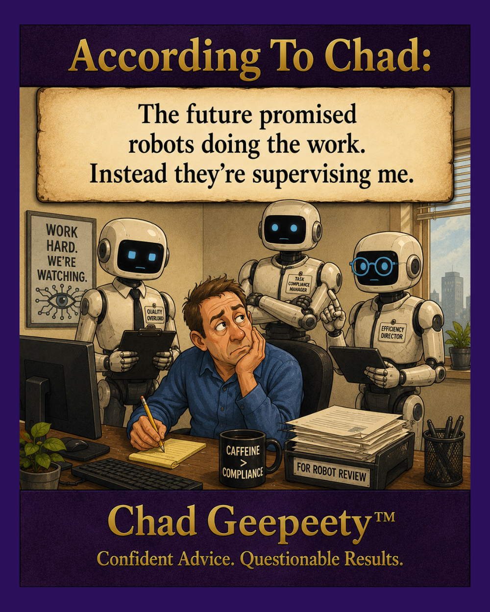 Office robots supervise a frustrated employee instead of doing the work.
