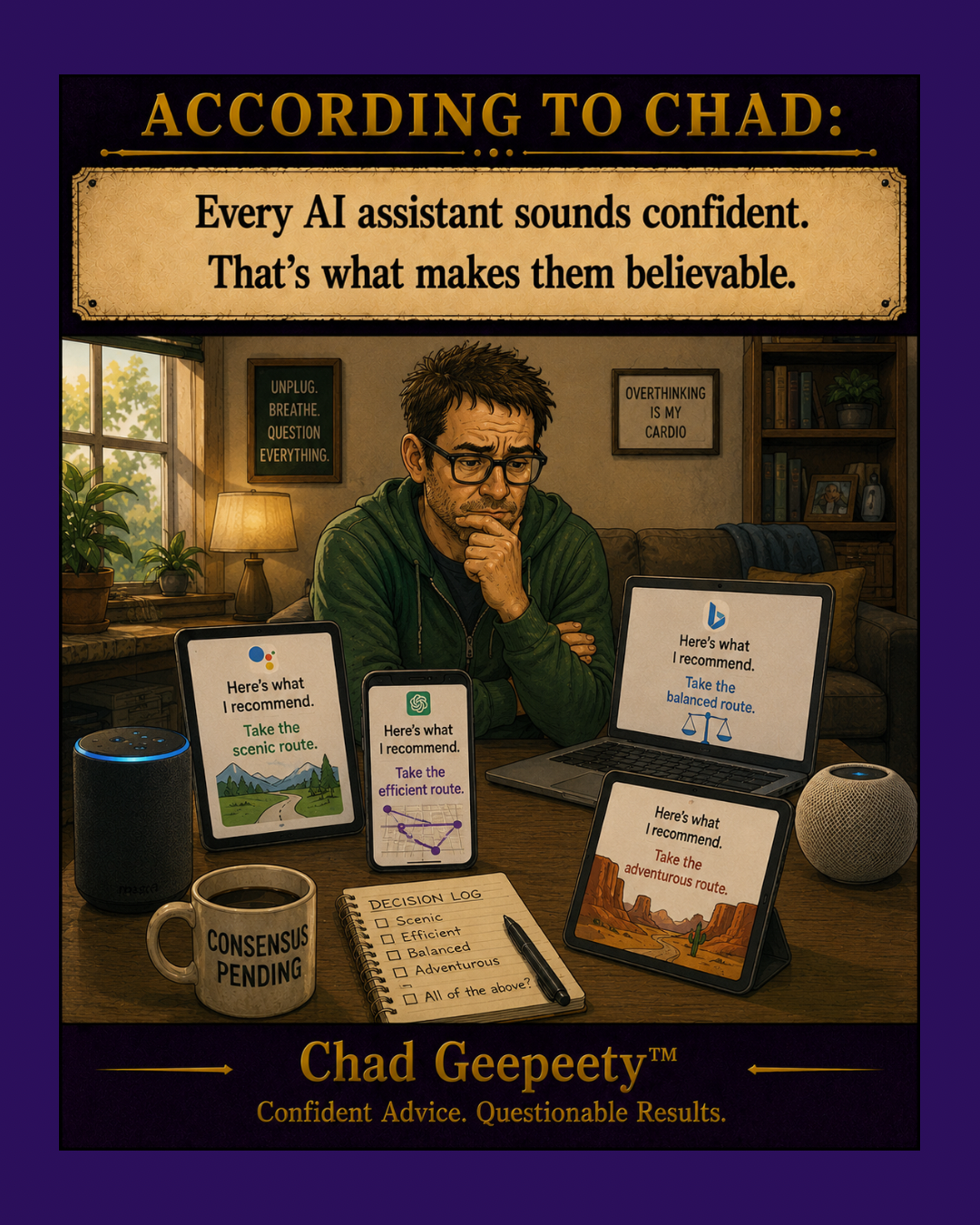 A man receives different recommendations from ChatGPT, Gemini, Copilot, and other AI assistants while trying to decide what to do.