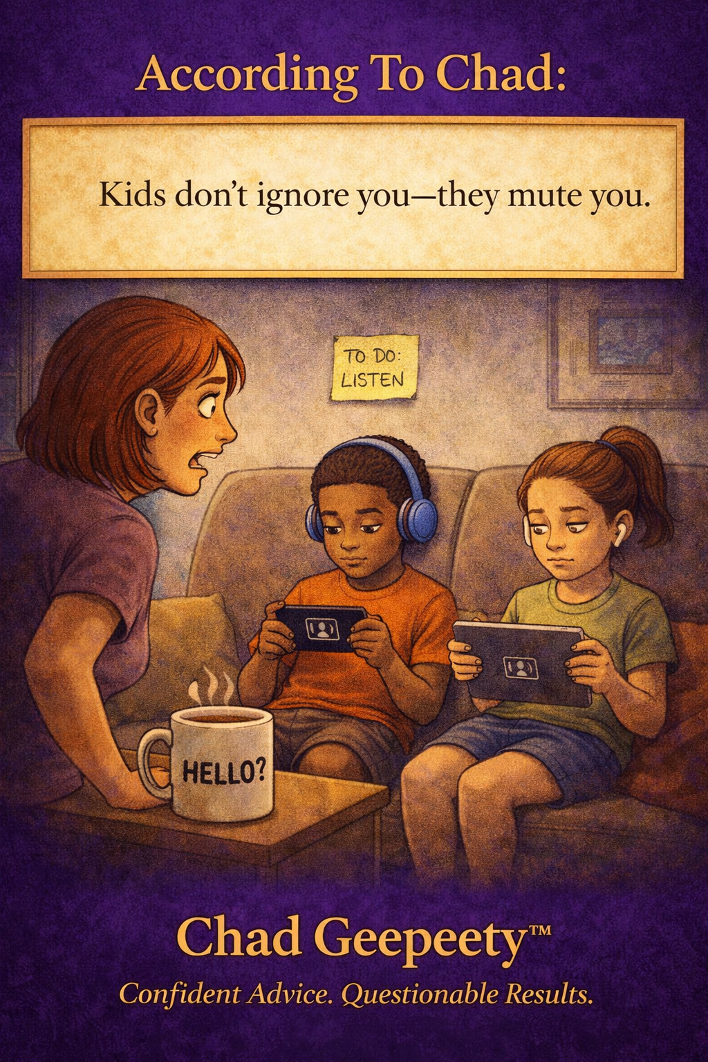 According to Chad cartoon showing kids muting a parent instead of ignoring them, humorous take on modern parenting and technology