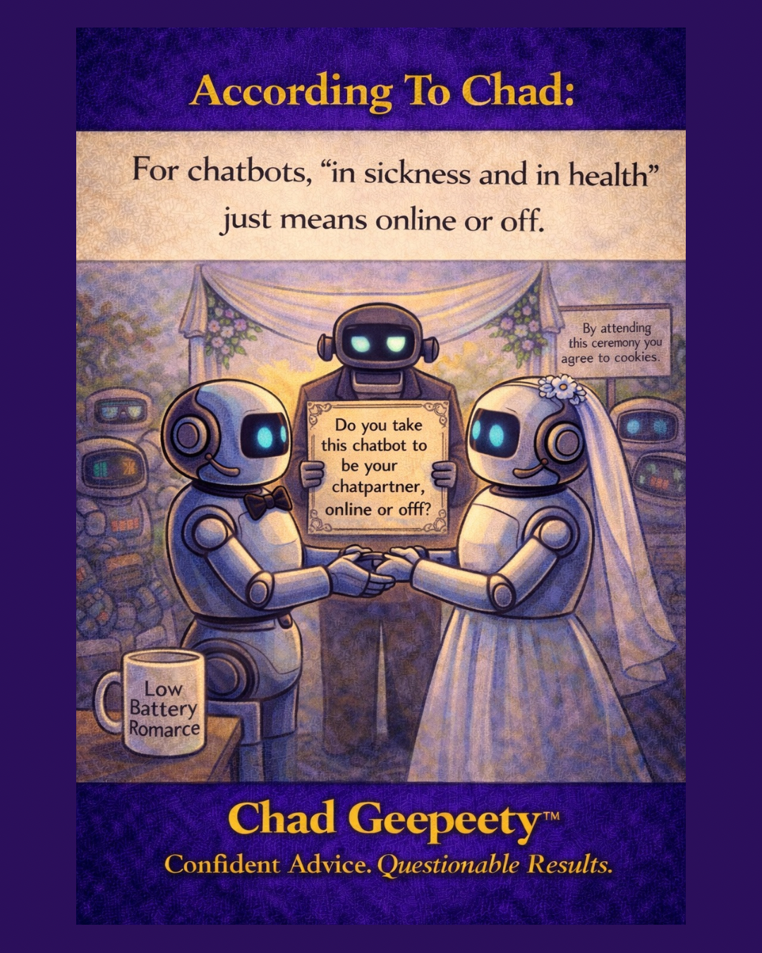 Two robot characters at a wedding ceremony with an officiant robot holding a sign about chatbot commitment while they hold hands.