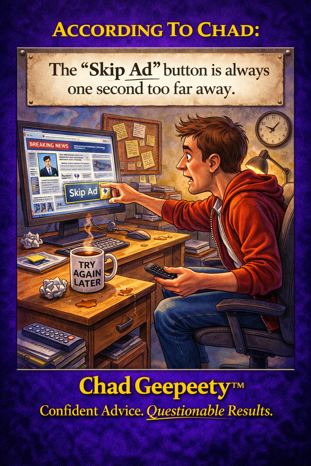 Cartoon of a man waiting to press a skip ad button on a video screen, illustrating frustration with ad delays