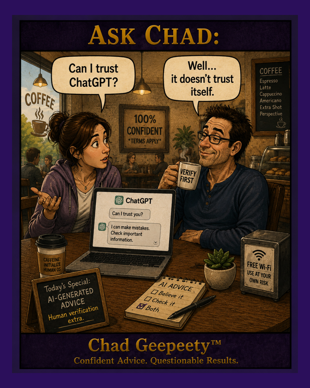 A woman asks Chad if she can trust ChatGPT while a laptop displays ChatGPT's message, "I can make mistakes. Check important information," and Chad replies, "Well... it doesn't trust itself."