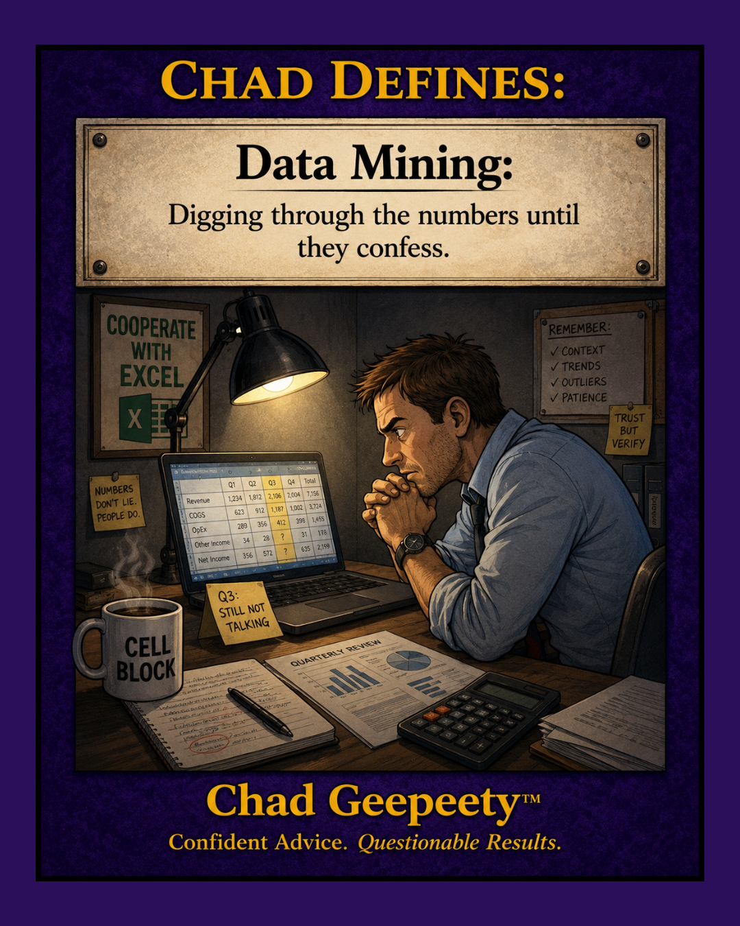 Chad Defines data mining cartoon showing a man studying spreadsheets and analytics while digging through the numbers until they confess.