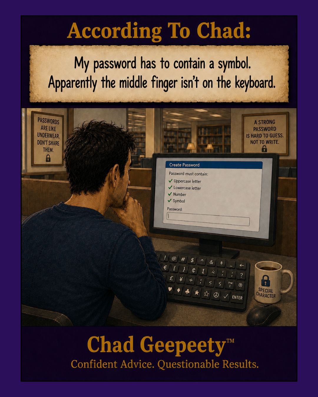 Chad Geepeety™ password humor cartoon showing a man creating a password and discovering that the special symbol he wants is not on the keyboard.