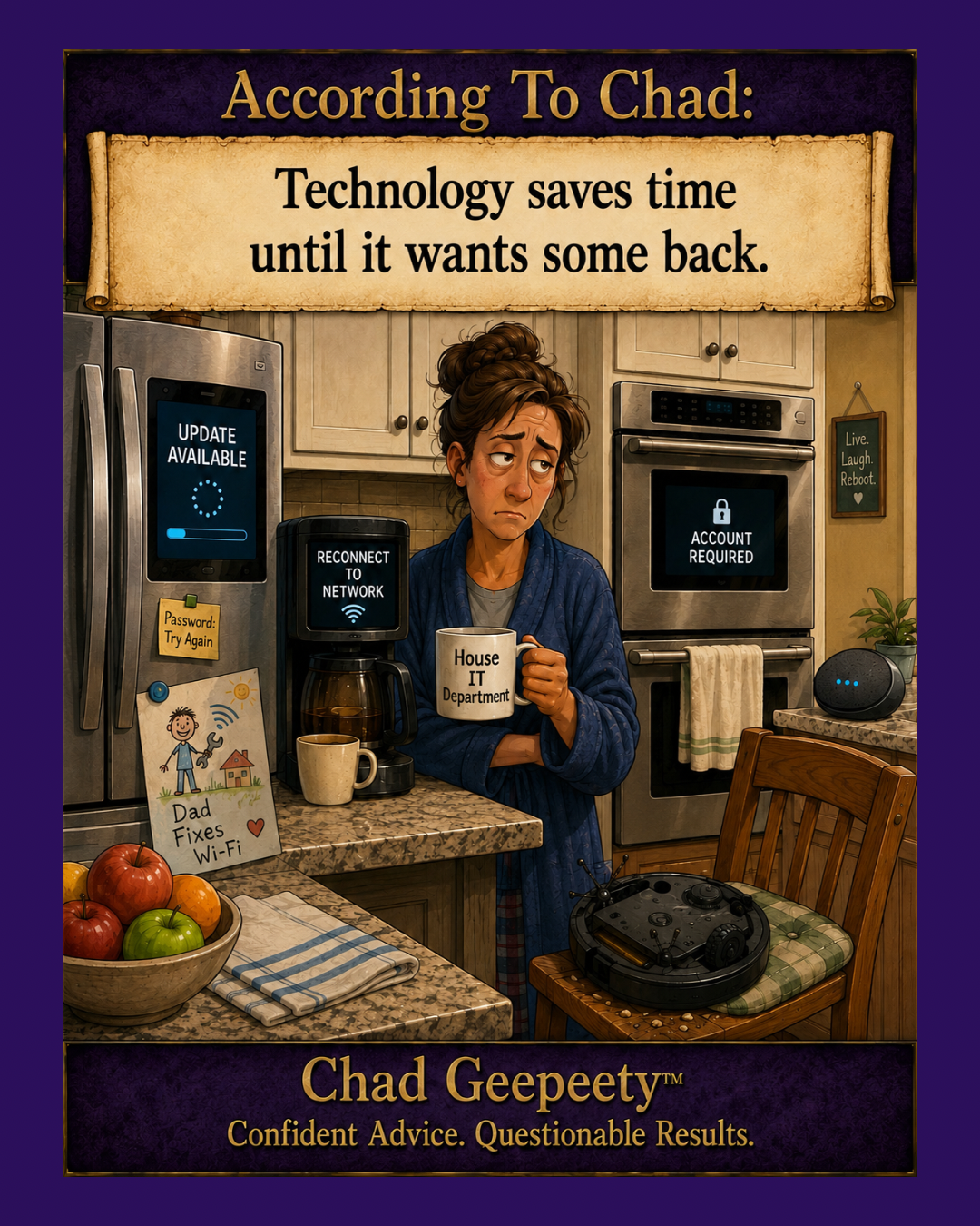 Cartoon of a frustrated homeowner in a kitchen while a smart refrigerator, coffee maker, oven, and other connected devices display update and login messages.