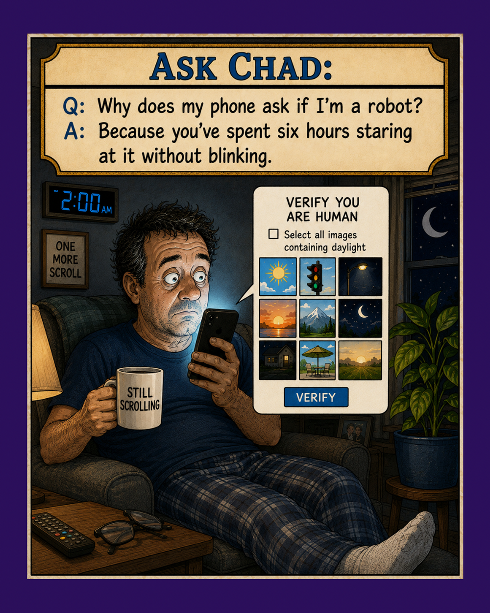 Man staring at his phone while a CAPTCHA asks him to prove he is human.