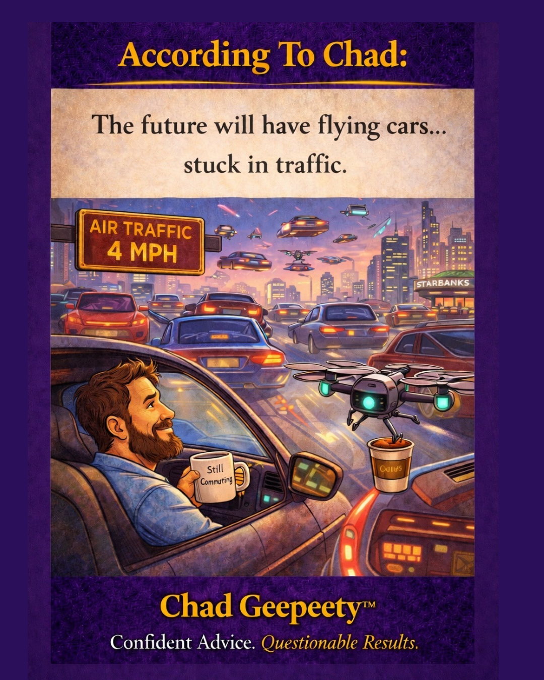 Cartoon showing flying cars stuck in traffic with a man sitting in a car while drones and vehicles move slowly overhead