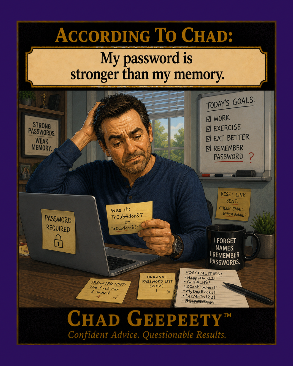 Man trying to remember a strong password while surrounded by password reminders.