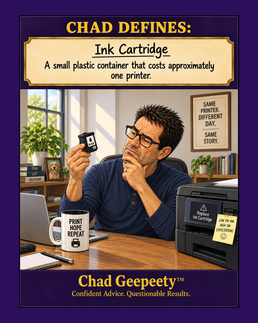 Chad Defines ink cartridge as a small plastic container that costs approximately one printer in this printer humor cartoon.