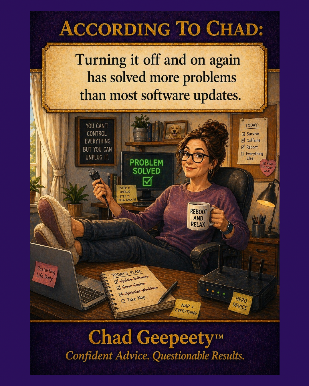 A woman sitting at a desk holding a power plug and coffee while a computer screen shows a problem solved message after restarting.