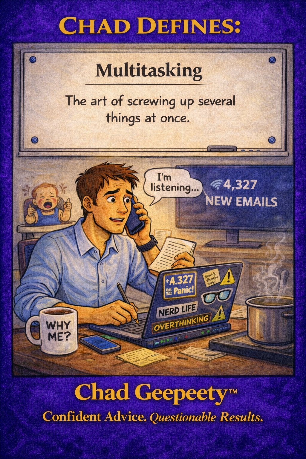 Cartoon of a man overwhelmed by multitasking with phone, laptop, emails, and alerts while a sign defines multitasking humorously