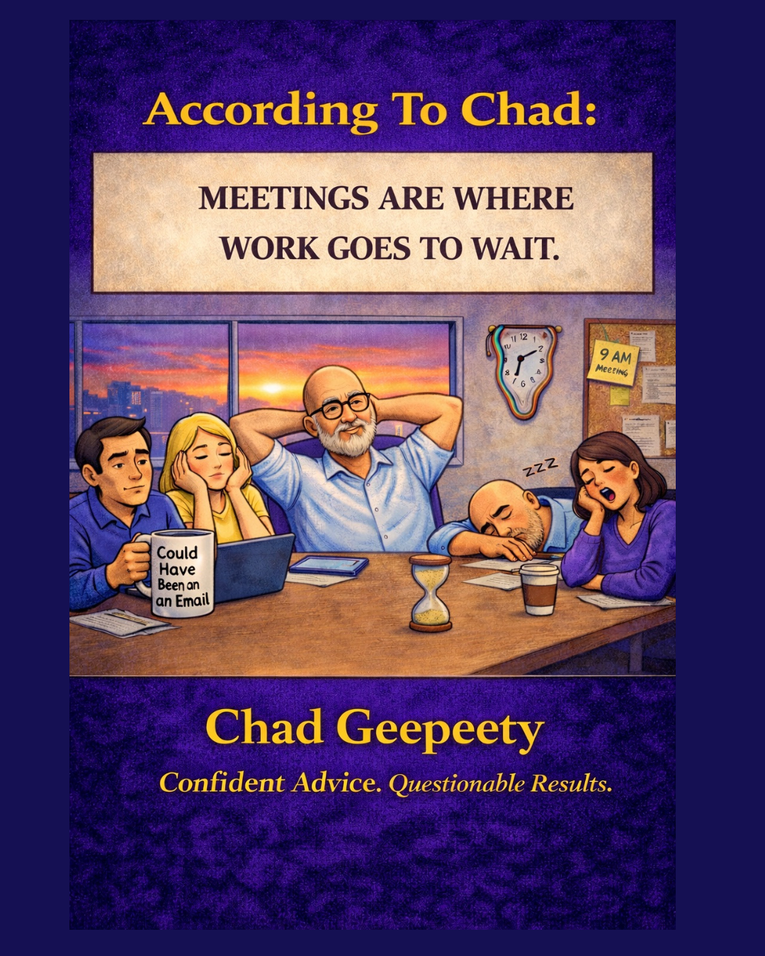 Cartoon of coworkers bored and tired in a meeting room, illustrating how meetings reduce productivity