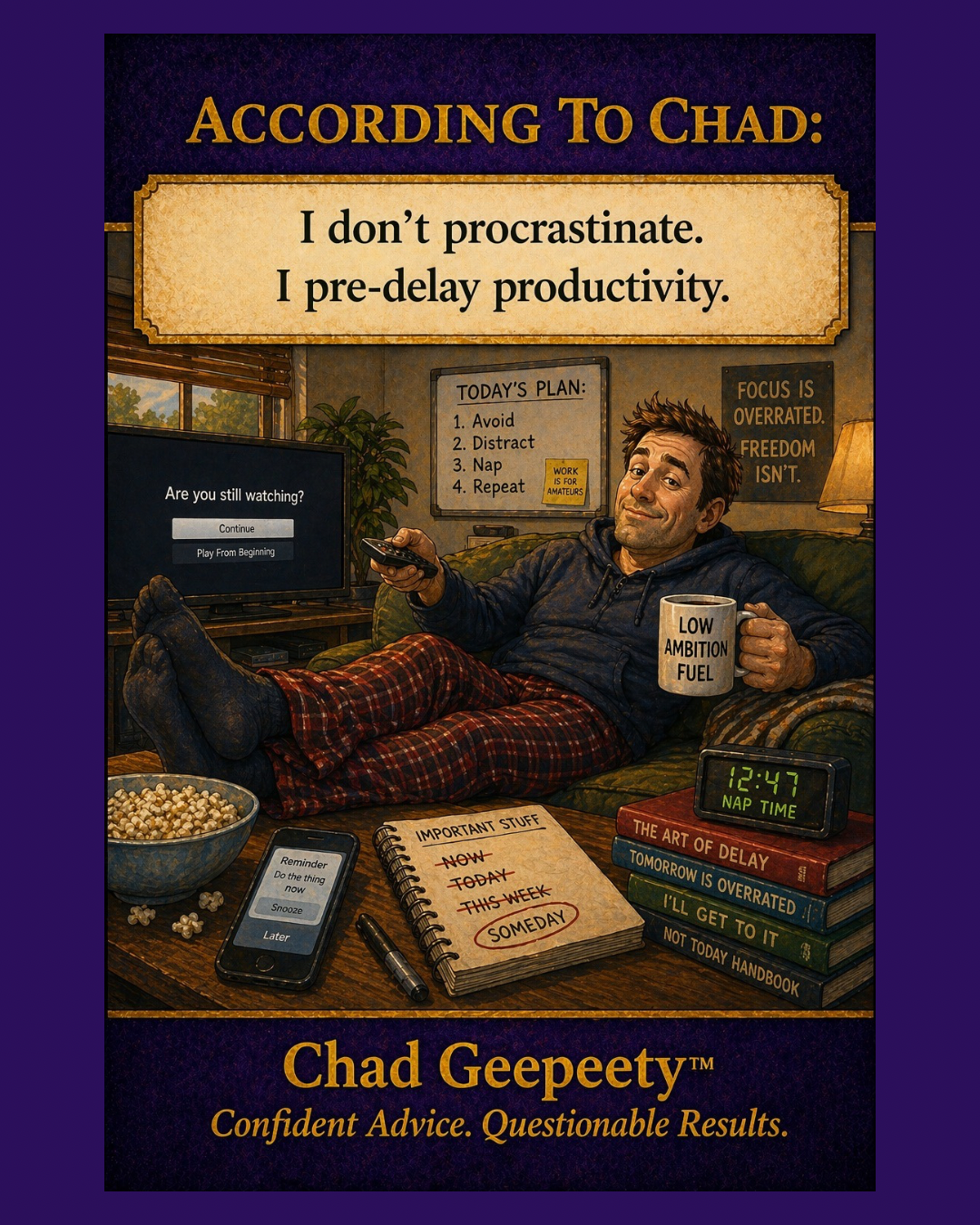 Man relaxing on a couch in a home office while ignoring work tasks, holding a remote and coffee mug beside notebooks, reminder apps, and procrastination-themed signs.