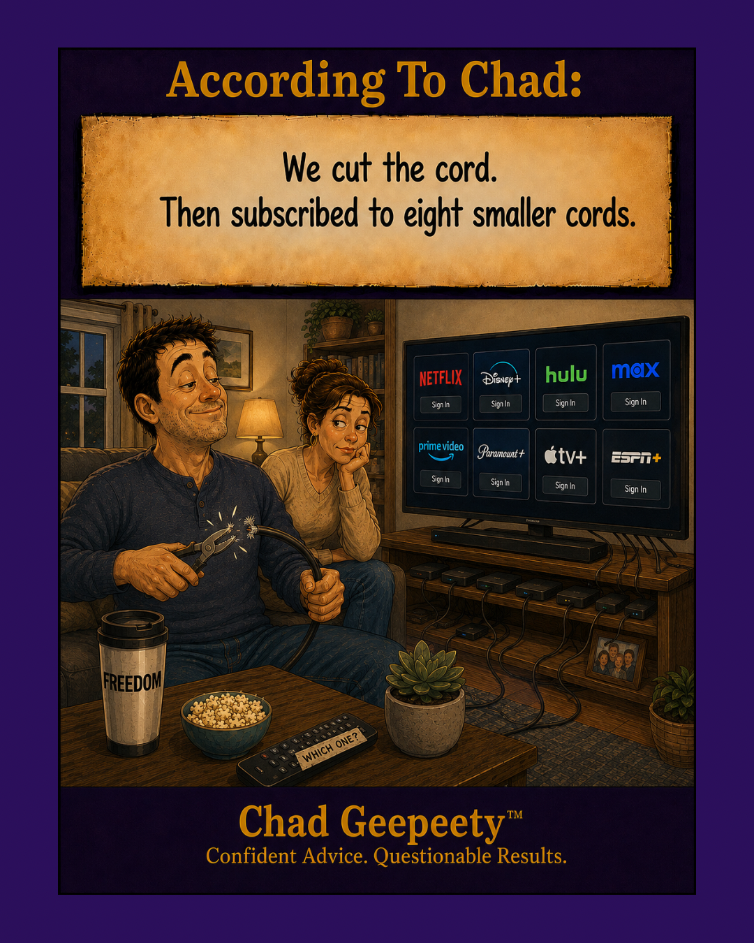 Chad Geepeety™ cartoon showing a couple surrounded by streaming subscriptions after cutting the cable cord, joking about Netflix, Disney+, Hulu, Max and other streaming services.