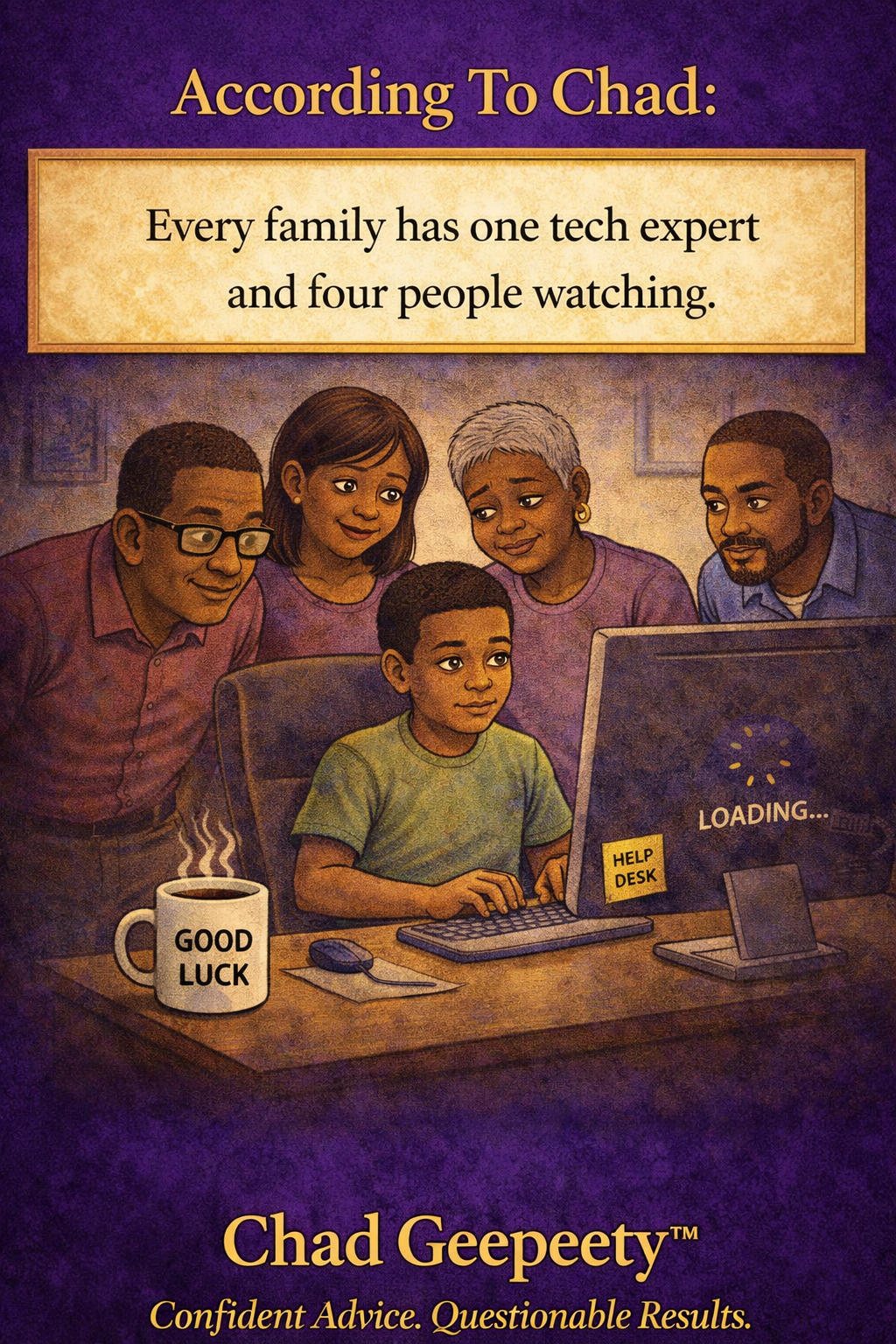 Cartoon of a child using a computer while family members watch closely, illustrating the idea of being the family tech expert