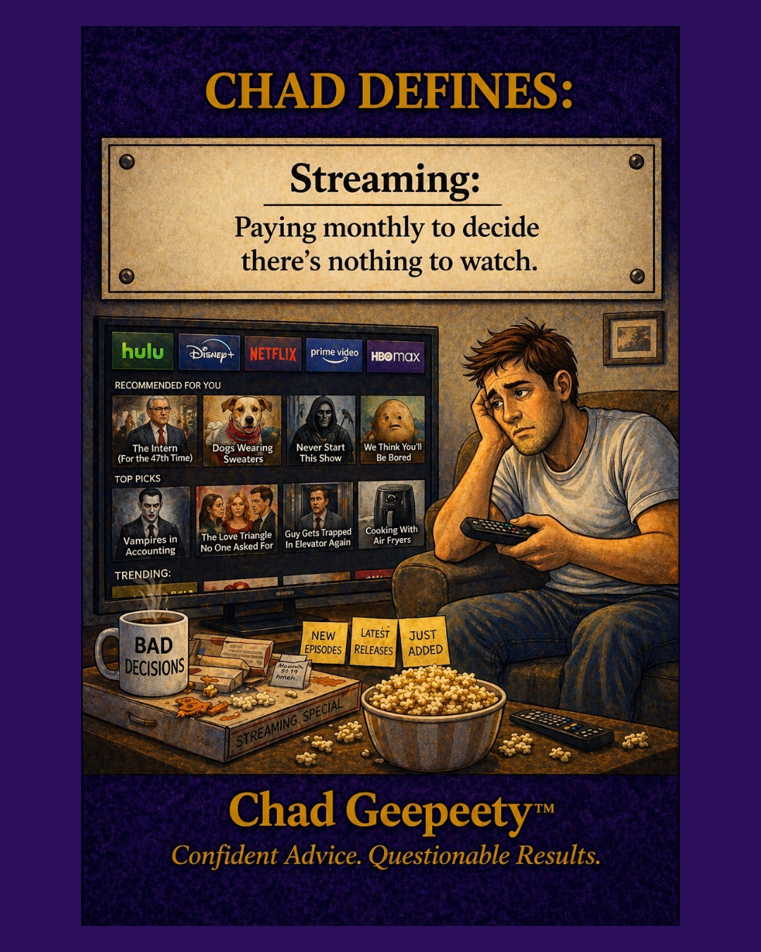 Man sitting on a couch looking frustrated while browsing streaming apps on a TV filled with options, holding a remote with snacks on a table nearby.