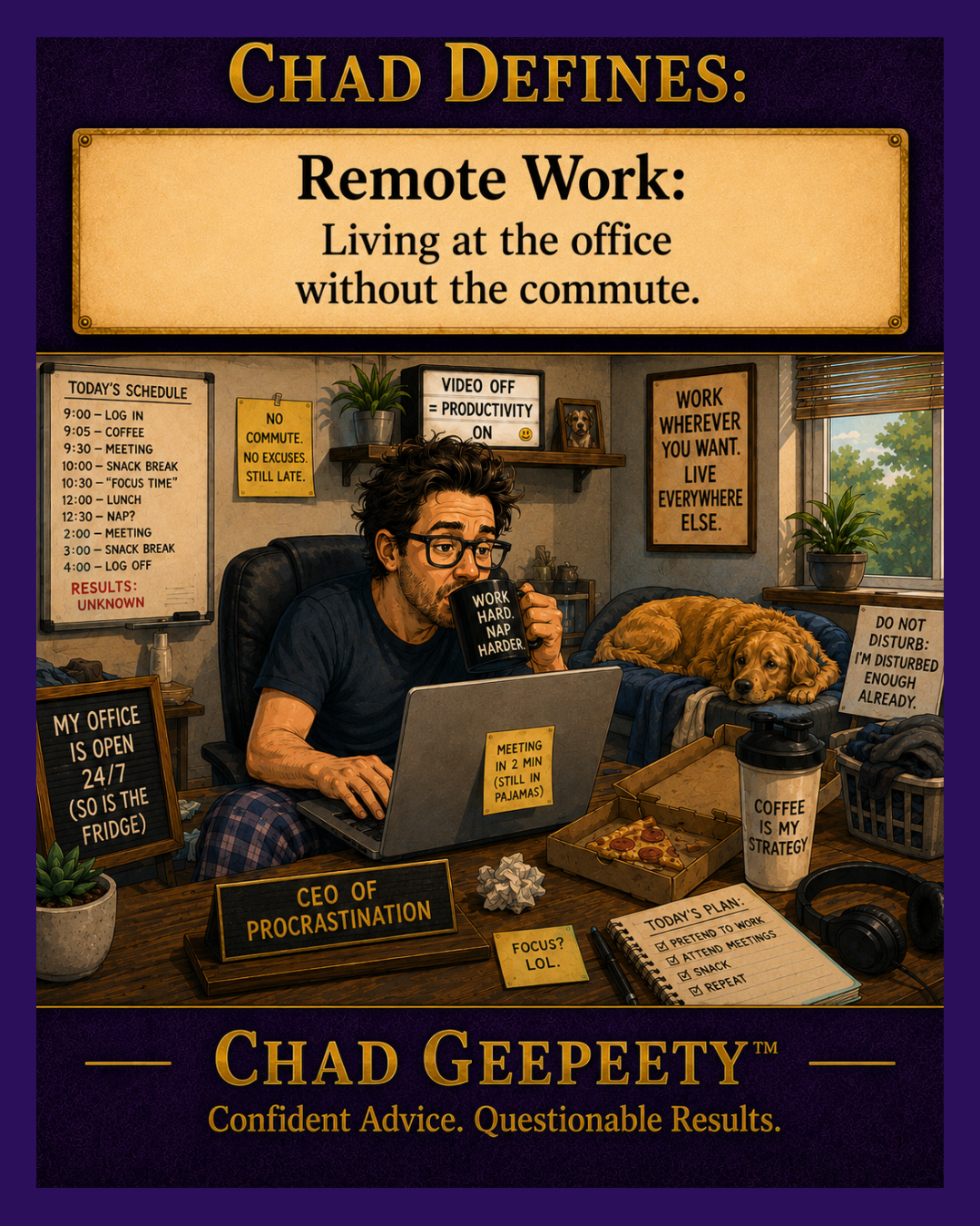 Cartoon showing a man working remotely from home while sitting at a laptop surrounded by coffee cups, work notes, snacks, office signs, and a sleeping dog in a cluttered home office.