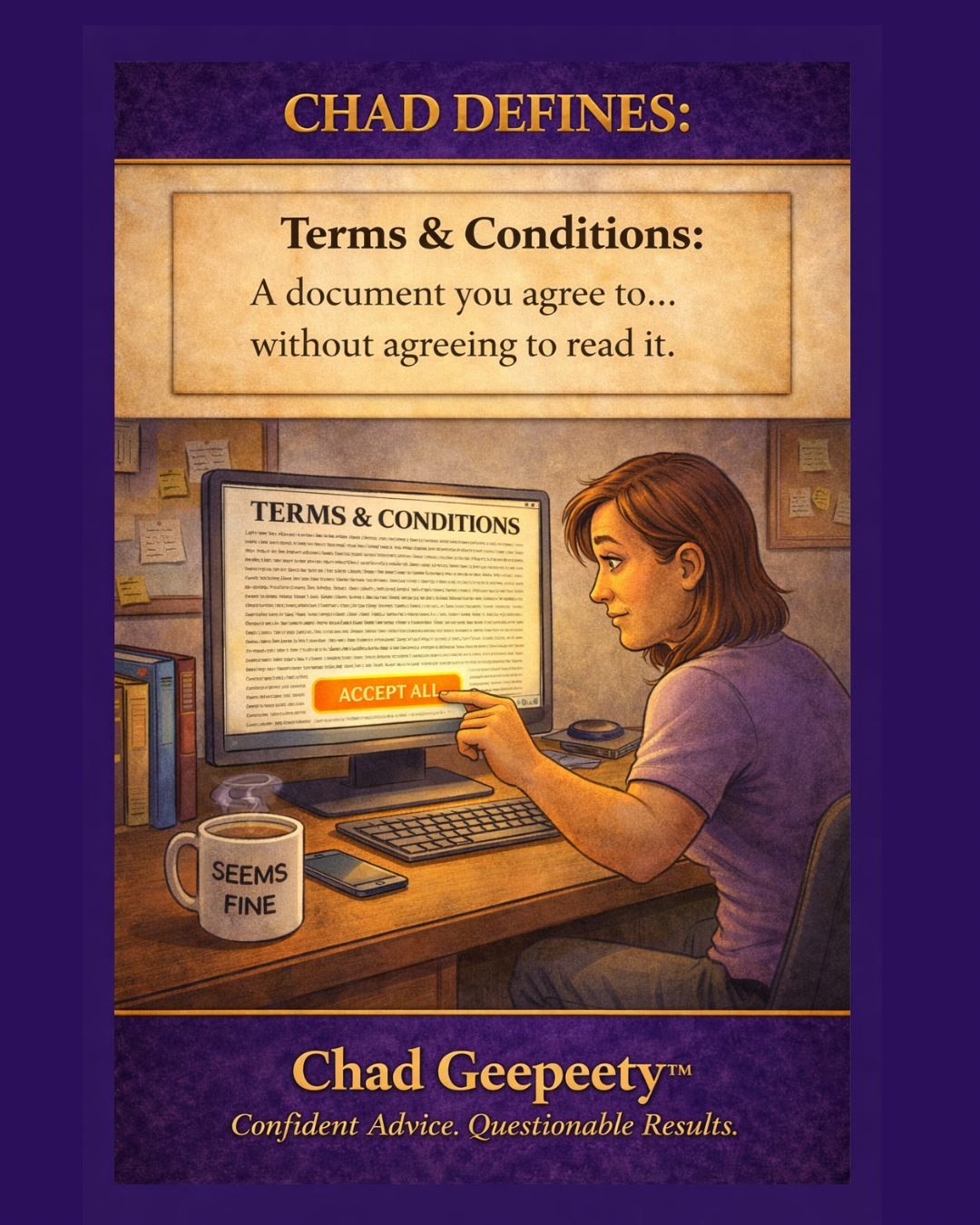 Cartoon of a person clicking accept all on a terms and conditions screen without reading it
