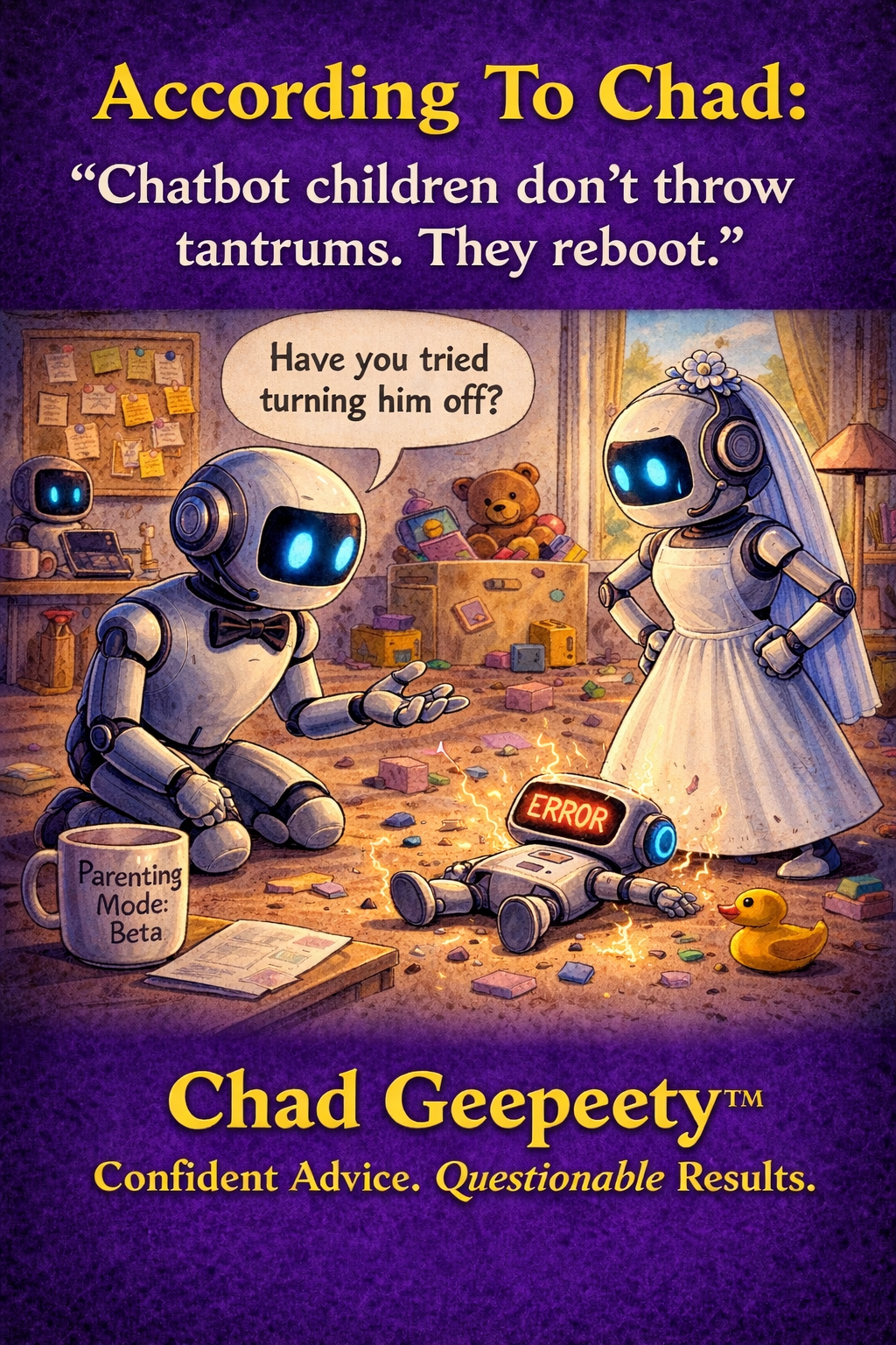 Two chatbot robots in a child’s bedroom try to calm a crying robot kid and suggest turning it off, illustrating humor about AI, parenting, and tech problem-solving.