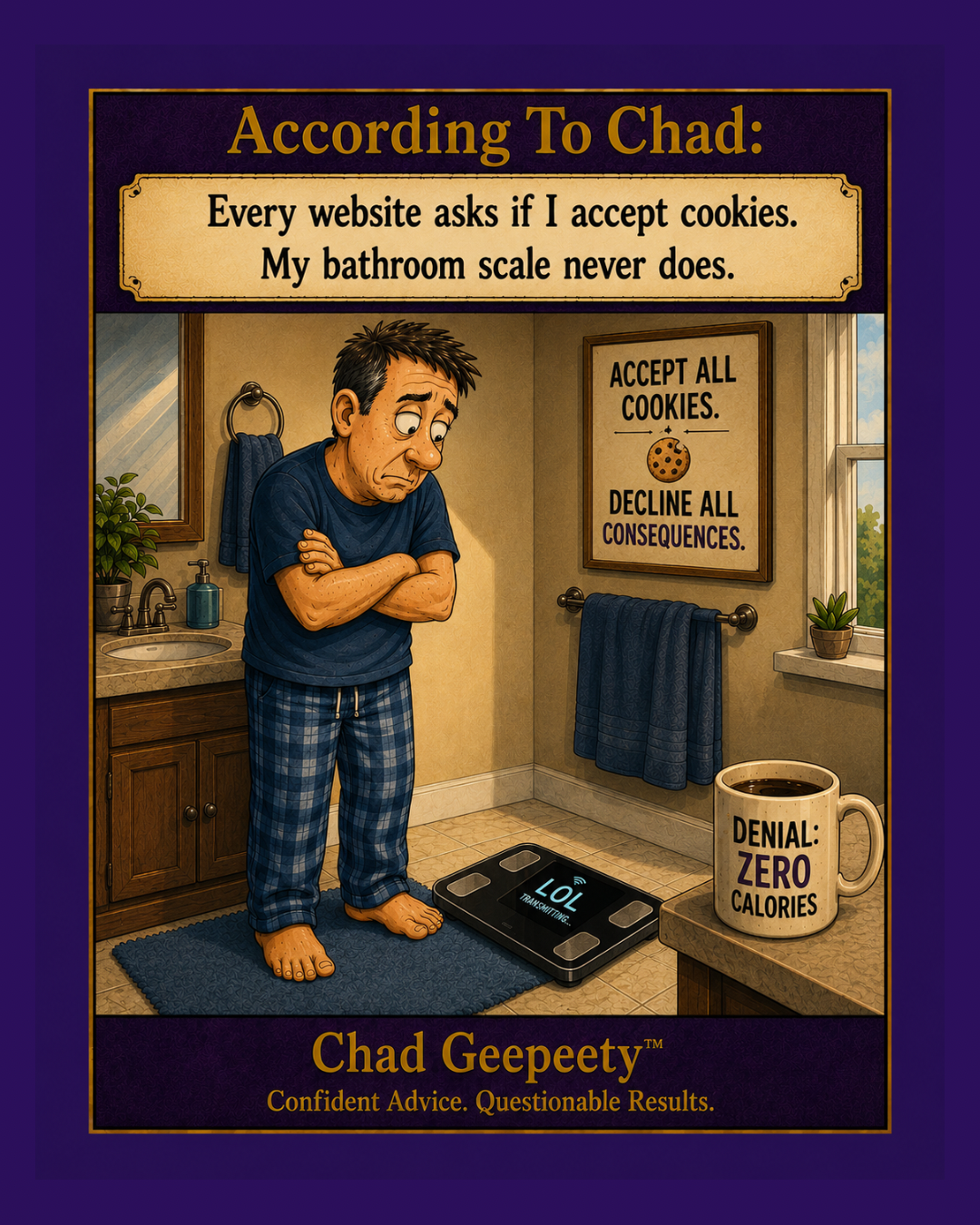 A man stares nervously at a smart bathroom  scale while a wall poster reads "Accept all cookies. Decline All Consequences" in this Chad Geepeety™ AI and technology humor cartoon about cookie consent and bathroom scales.