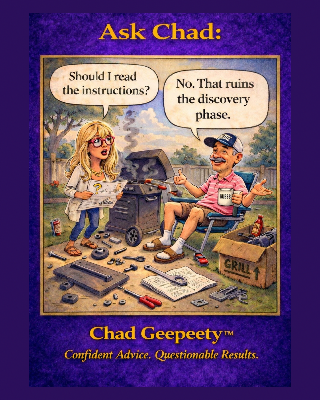 Cartoon of two people attempting to assemble or use something without reading instructions, surrounded by tools and parts in a casual setting.
