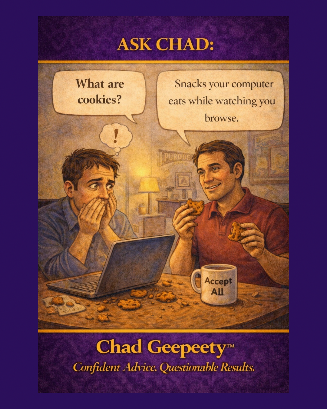 Two men sitting at a table with a laptop covered in cookie crumbs while one eats cookies, representing internet cookies and online tracking in a humorous scene.