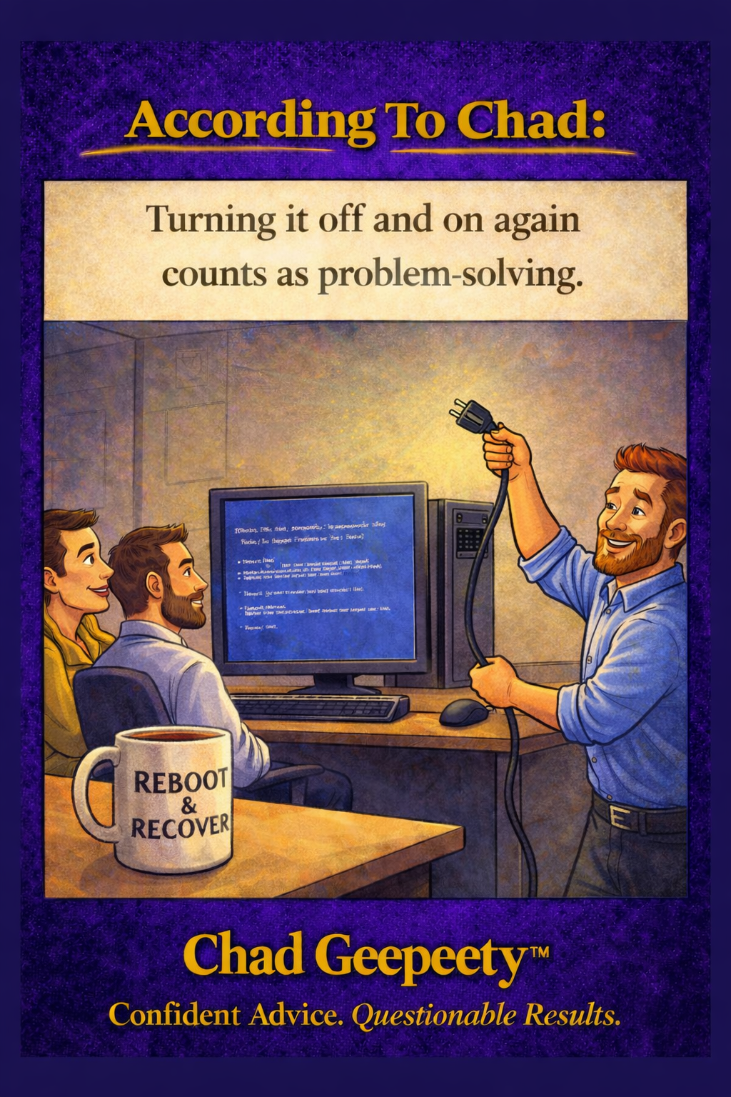Cartoon showing a person fixing a tech problem by turning a device off and on again