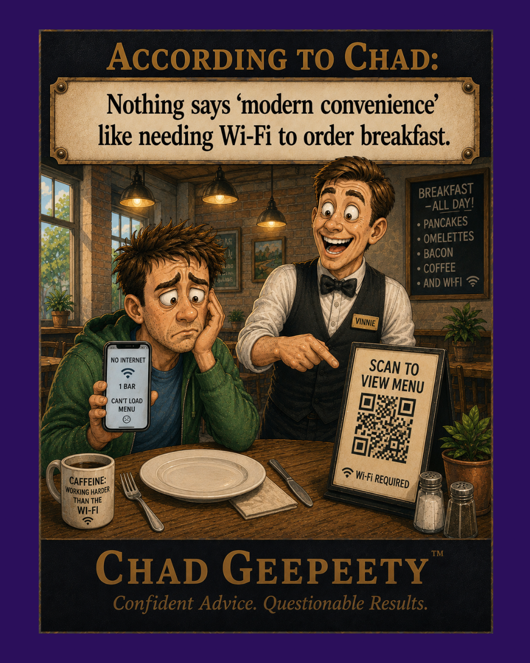 Cartoon of a frustrated man in a restaurant holding a phone with no internet connection while a waiter points to a QR code breakfast menu that requires Wi-Fi.