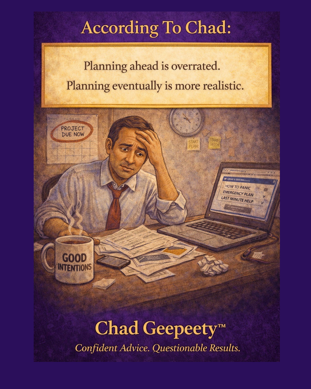 Chad Geepeety planning eventually cartoon showing stressed man at desk with overdue project and last minute emergency plan on laptop