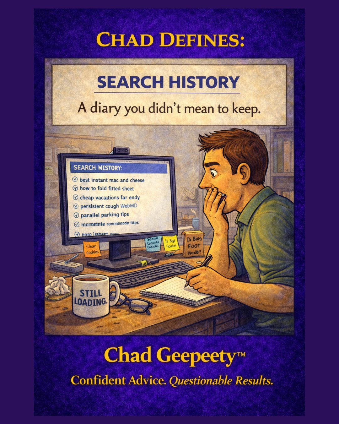 Cartoon of a man looking worried at his computer showing his search history with various personal and embarrassing searches.