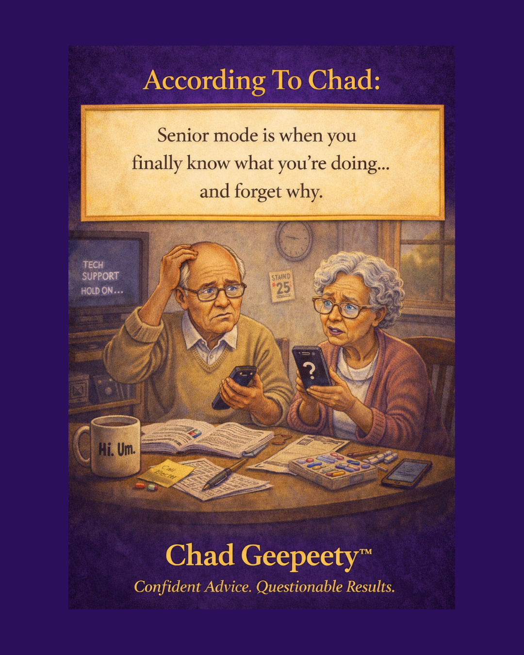 Cartoon of an older couple confused by smartphones and paperwork representing senior mode and tech frustration