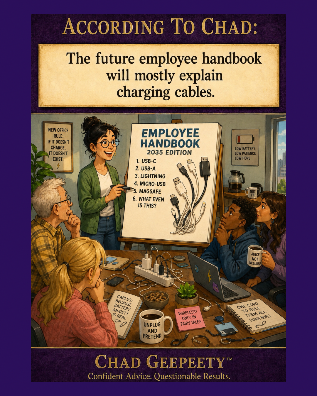 Office workers listen to a presentation about an employee handbook for charging cables while sitting around a conference table covered with tangled cords, chargers, laptops, and coffee mugs.