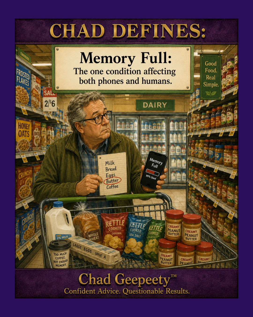 A Chad Geepeety™ cartoon showing a man in a grocery store holding a shopping list while his smartphone displays "Memory Full," suggesting that both phones and humans struggle with remembering everything.