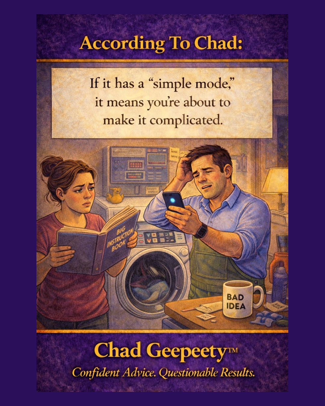 A man looking confused at his phone while a woman reads a large instruction manual next to a washing machine.