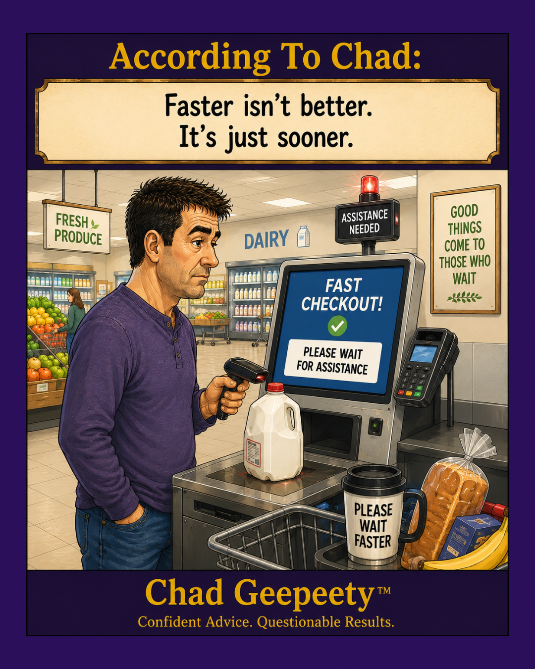 According to Chad cartoon about a supposedly fast self-checkout that makes a shopper wait for assistance.