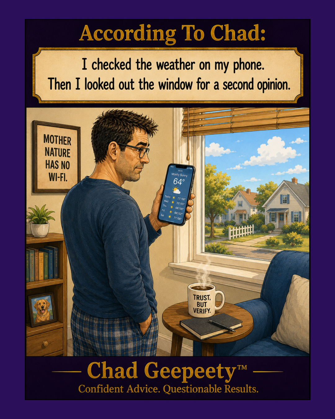 According to Chad cartoon about checking the weather on a phone and then looking out the window for a second opinion.