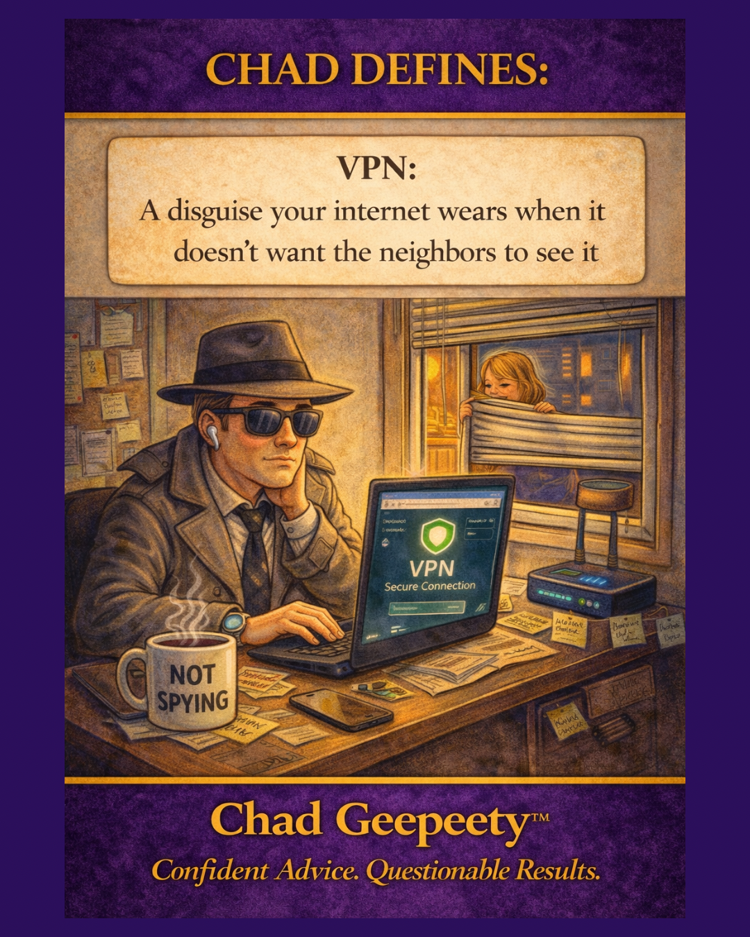 Cartoon of a man in disguise using a laptop showing a VPN connection while someone looks through a window, illustrating online privacy humor.