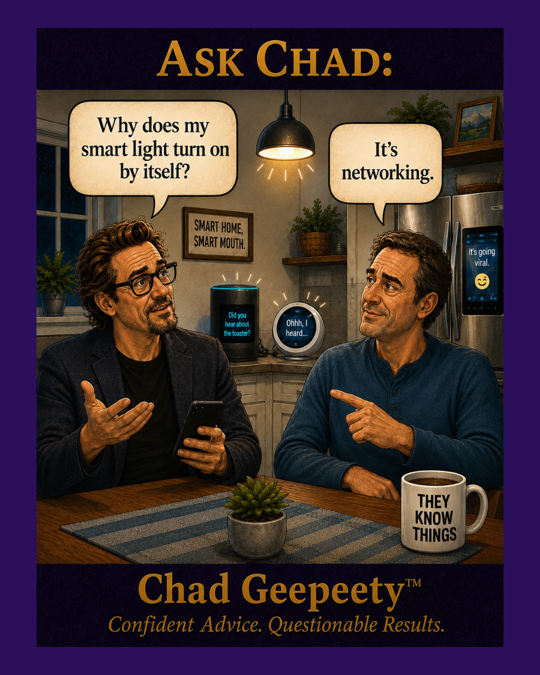 Ask Chad smart home cartoon about a smart light turning on by itself because connected devices are networking.